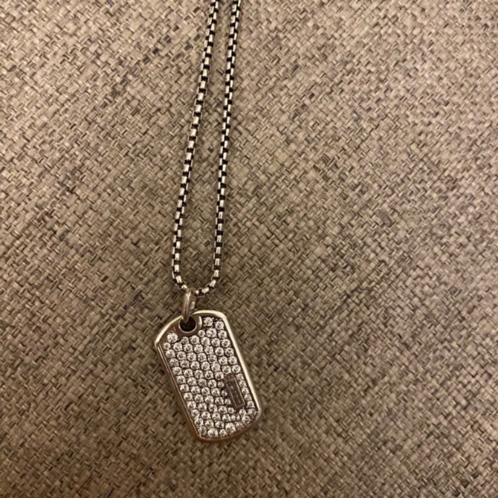 David Yurman silver/white sapphire dog tag and necklace